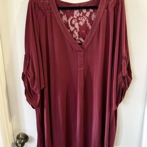 Torrid Woman’s Plus Burgundy 3/4 Sleeve Blouse W Lace At Shoulders & Back 5X 28W